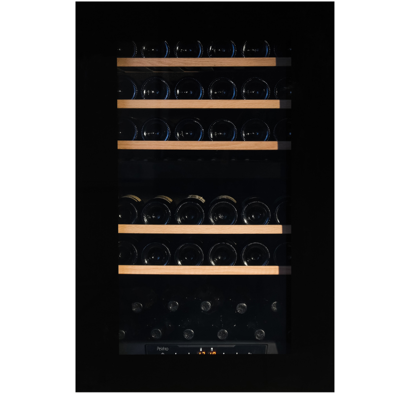 Pevino Pl48D-BP - Integrated Wine Cooler - Push Open 42 bottles - Dual zone wine fridge - Black glass front - 595mm Wide - chilledsolution