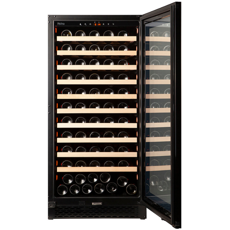 Pevino PNG120S-HHB Wine Cooler - Built In or freestanding - 113 bottles - Single Zone Wine Fridge - 595mm Wide - Black glass front - chilledsolution